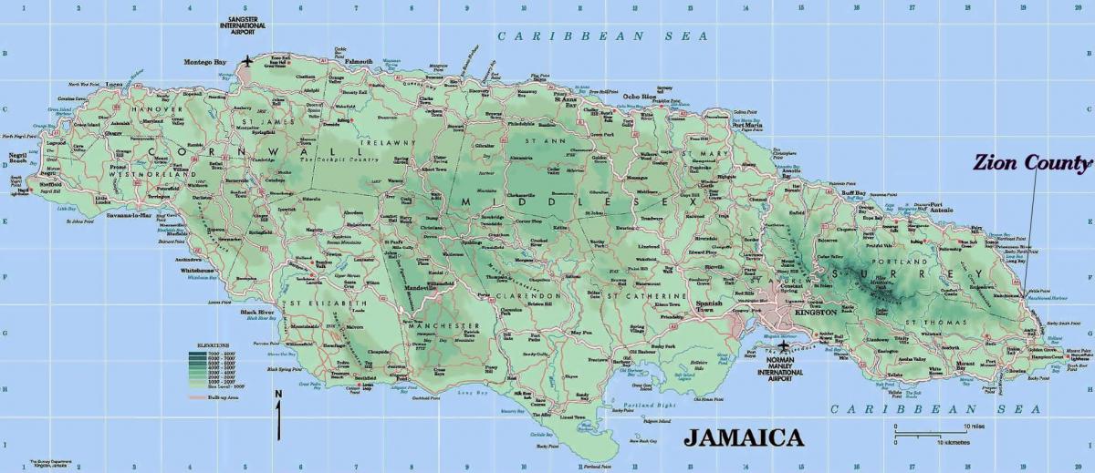 fisiese kaart van jamaika wat berge