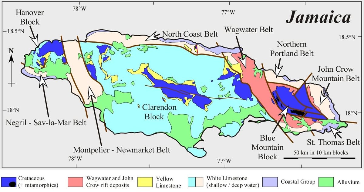 Kaart van geologiese jamaica
