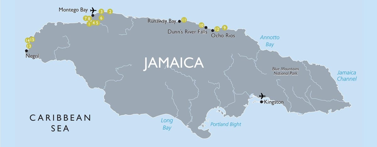 kaart van die toerisme-aantreklikhede in jamaica