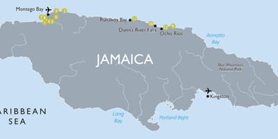 Kaart van die toerisme-aantreklikhede in jamaica